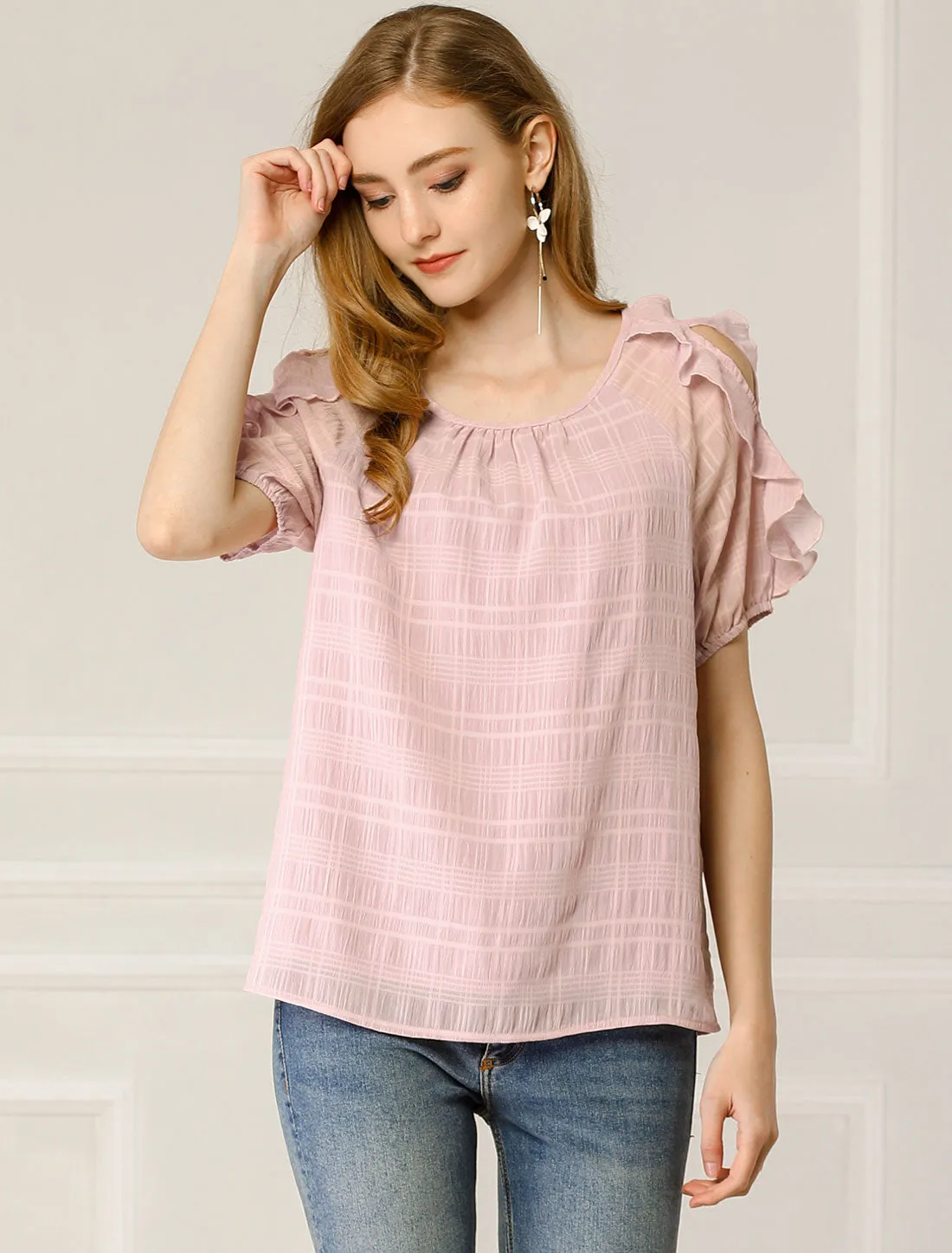 Ruffled Blouse Boat Neck Chiffon Out Shoulder Short Sleeve Tops sold by Allegra K product image thumbnail 4