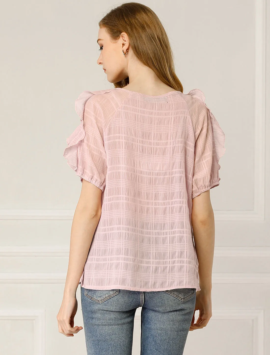 Ruffled Blouse Boat Neck Chiffon Out Shoulder Short Sleeve Tops sold by Allegra K product image thumbnail 2