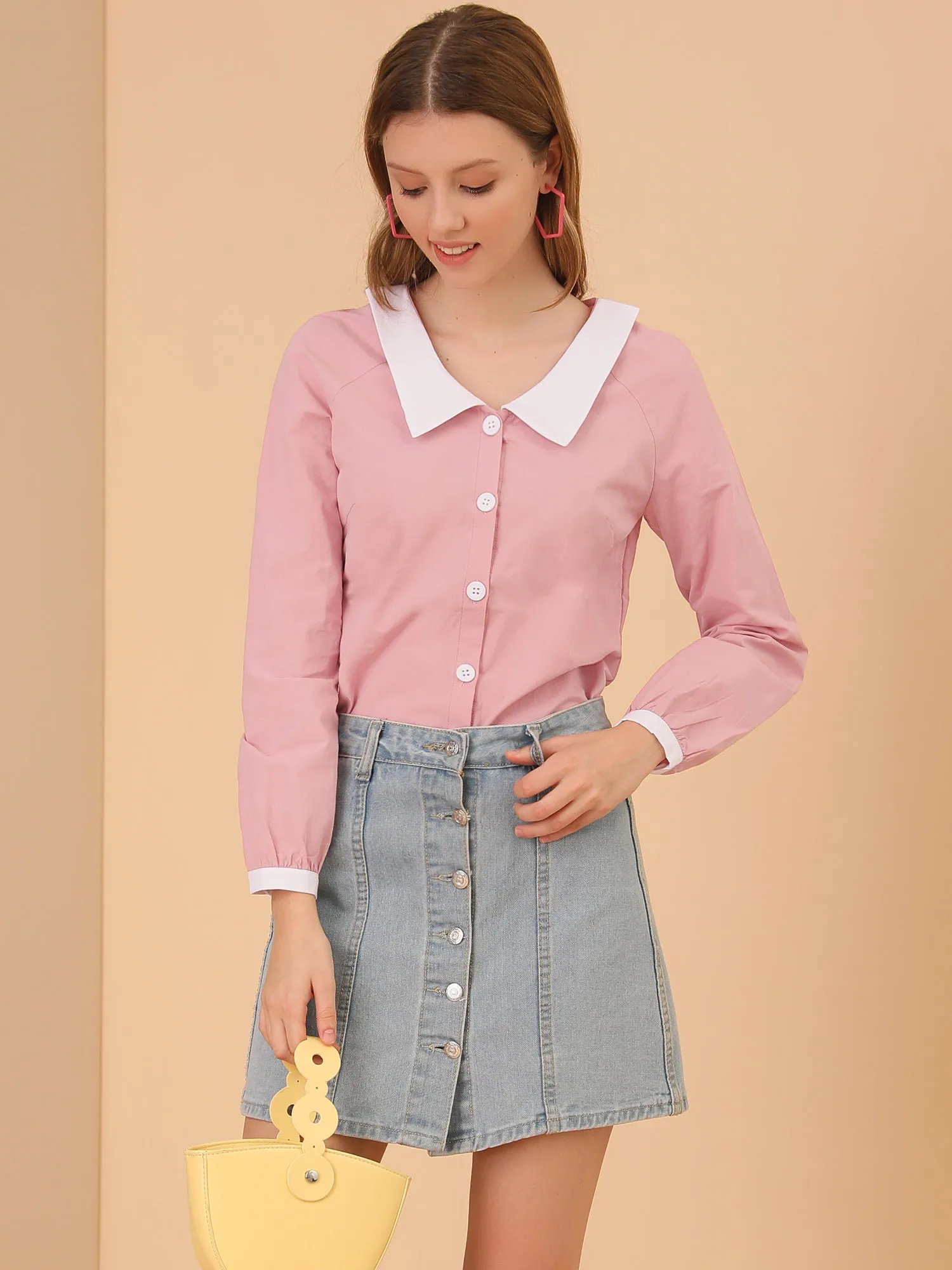 Long Sleeve Buttons Contrast Peter Pan Collar Shirt sold by Allegra K product image thumbnail 3