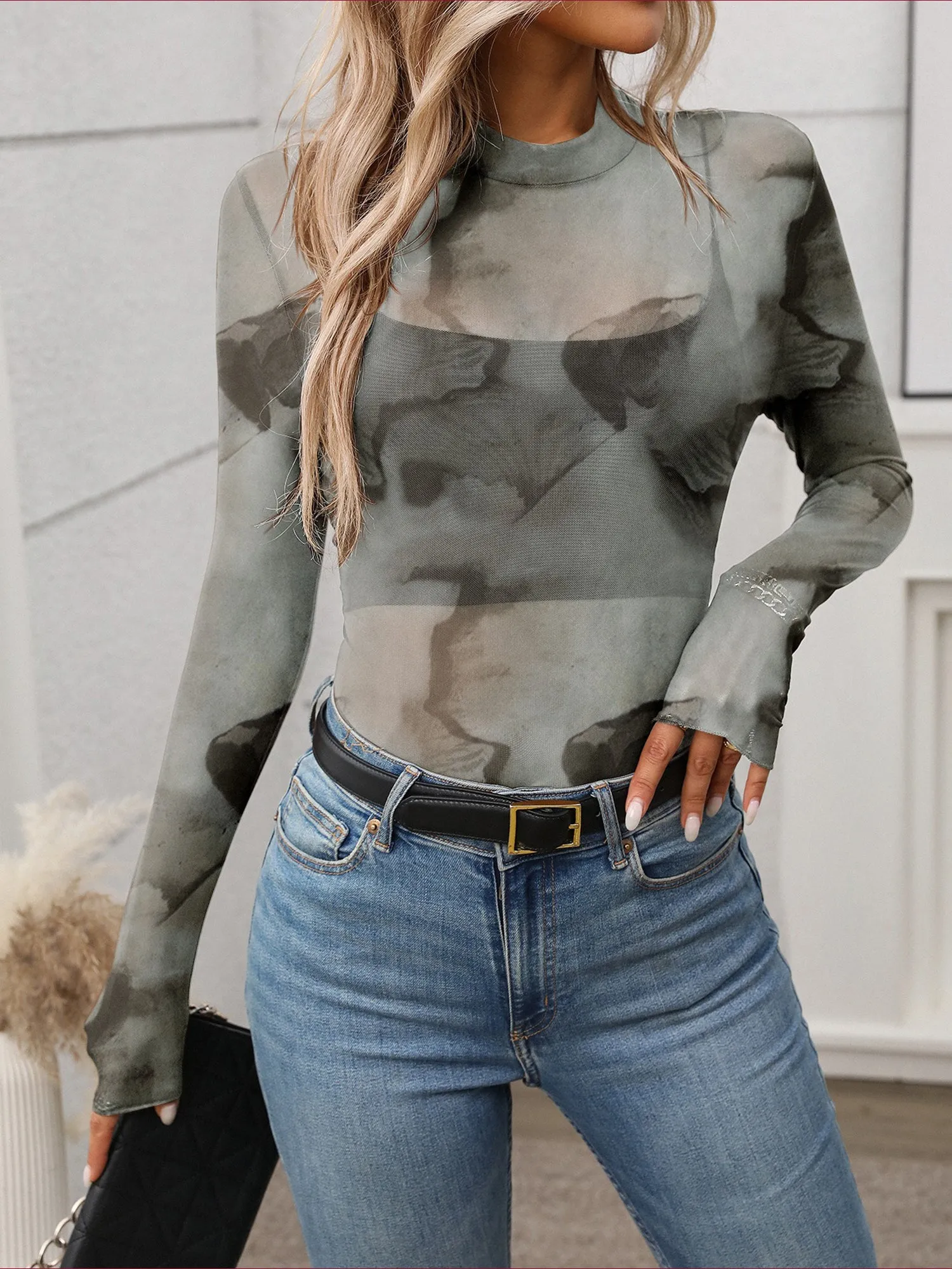 Mock Neck See Through Long Sleeves Mesh Top sold by Allegra K