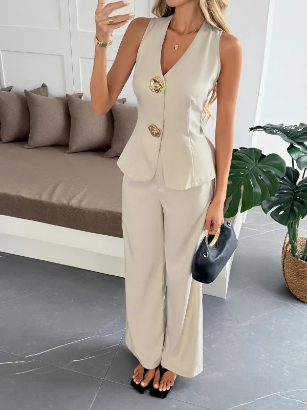 2 Pieces Flower Button Sleeveless Vest & Wide Leg Pants Set sold by Allegra K