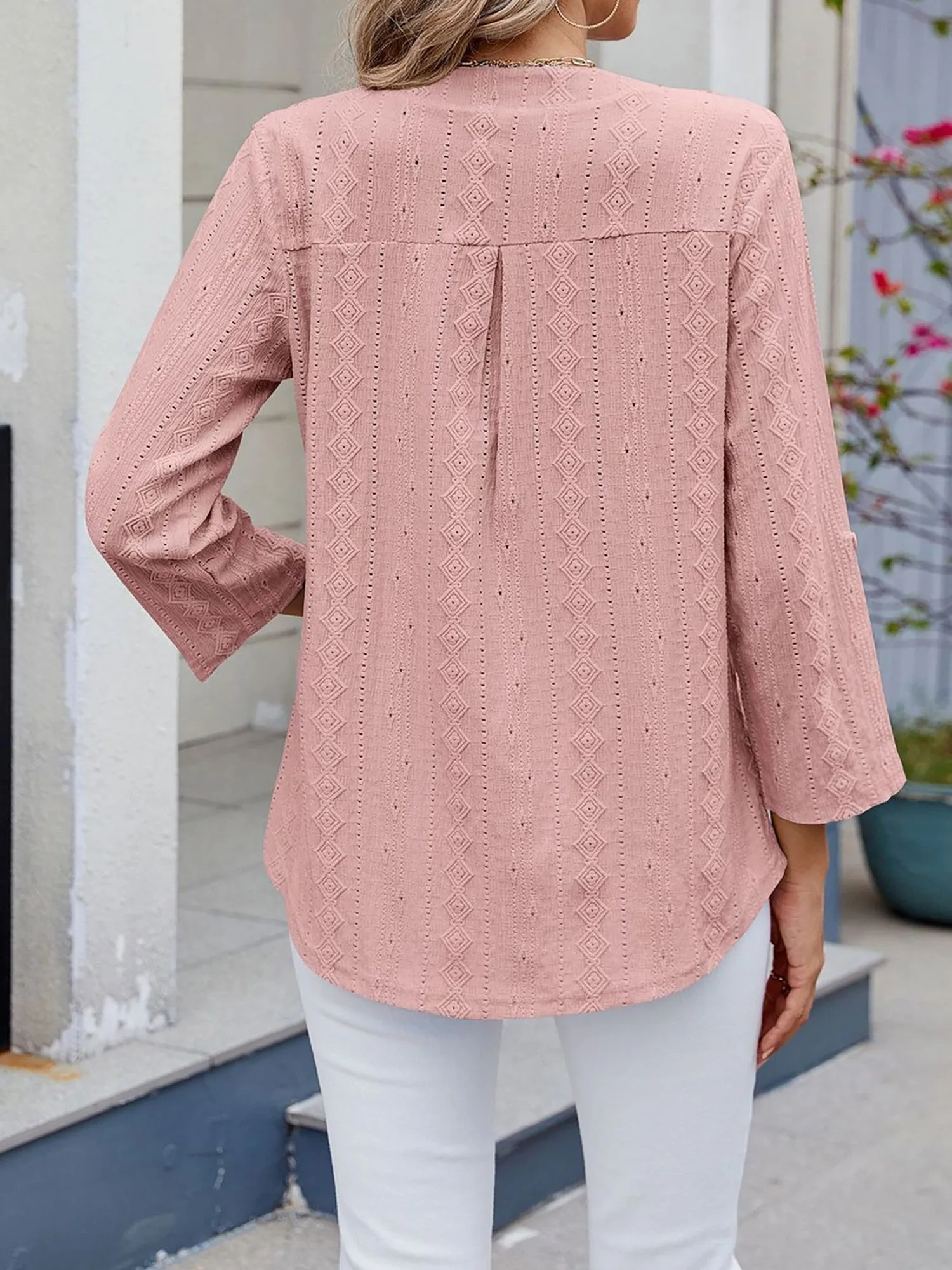 Textured Eyelet Notch Neck Rolled Sleeves Blouse sold by Allegra K product image thumbnail 2