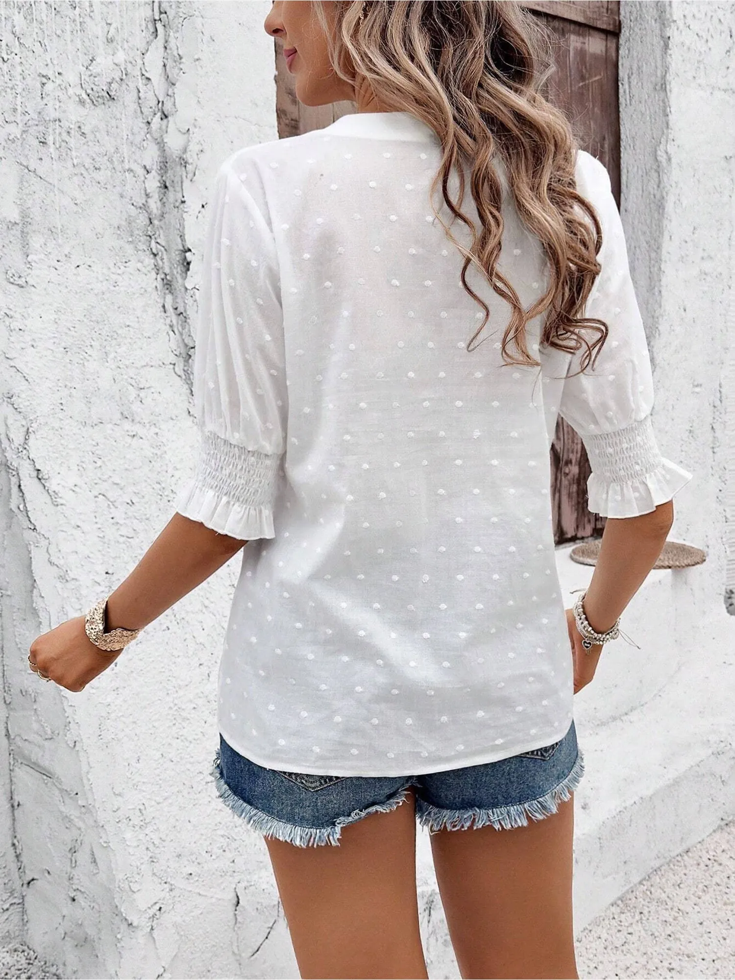 Swiss Dots Eyelet Smocked Puff Sleeves Blouse sold by Allegra K product image thumbnail 2