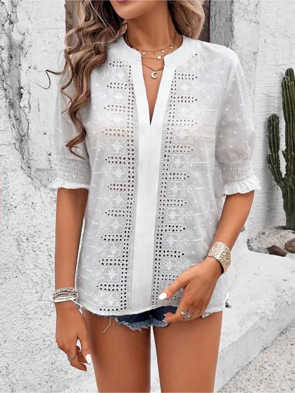 Swiss Dots Eyelet Smocked Puff Sleeves Blouse sold by Allegra K