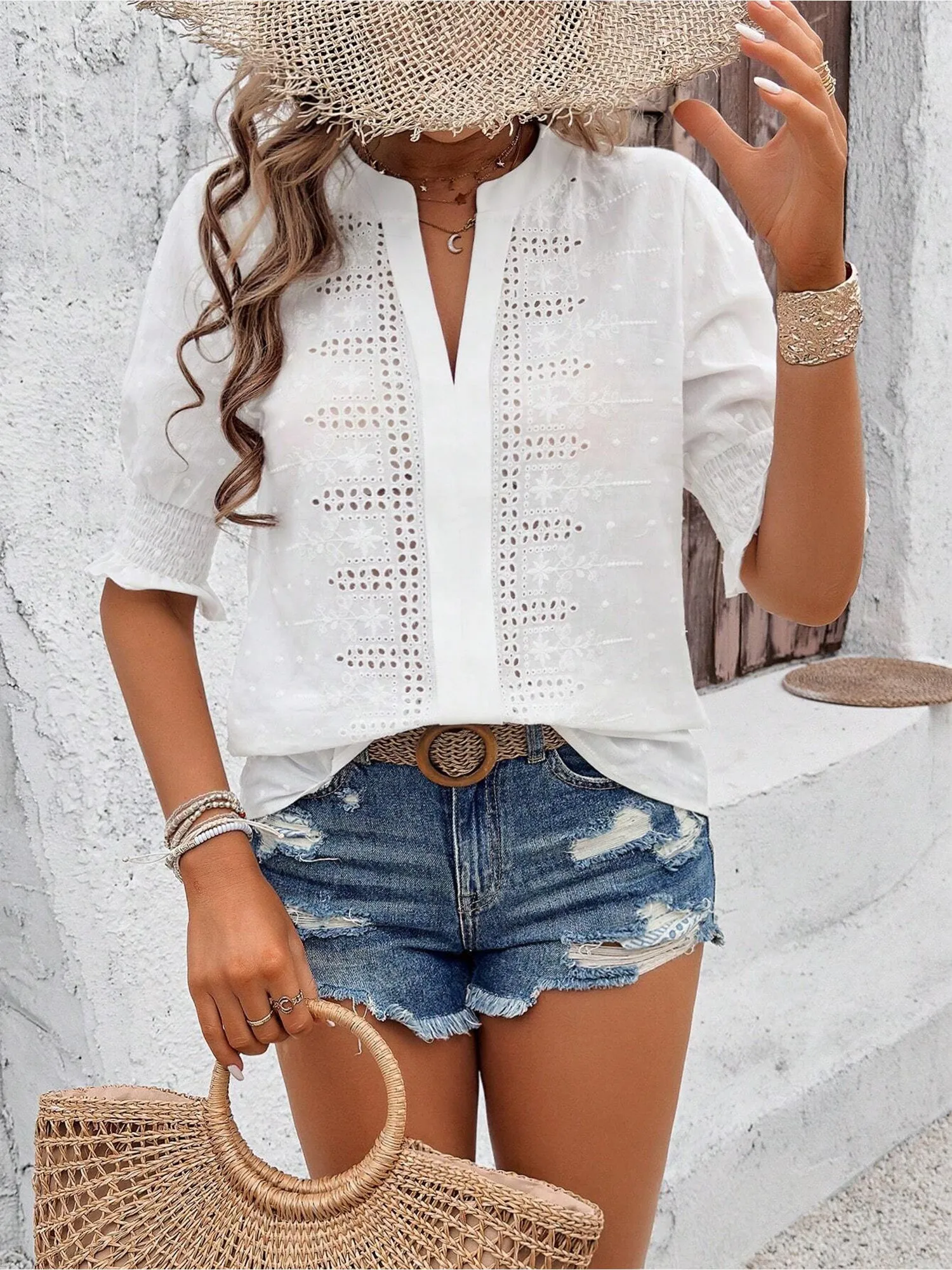Swiss Dots Eyelet Smocked Puff Sleeves Blouse sold by Allegra K product image thumbnail 5