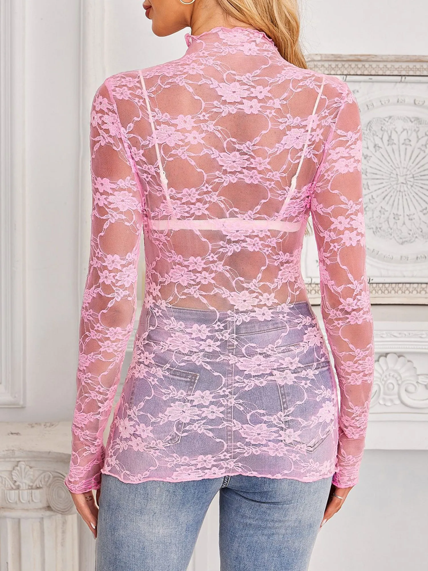 Lace See Through Mock Neck Long Sleeves Blouse sold by Allegra K product image thumbnail 2