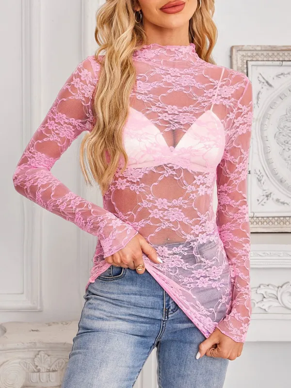 Lace See Through Mock Neck Long Sleeves Blouse sold by Allegra K