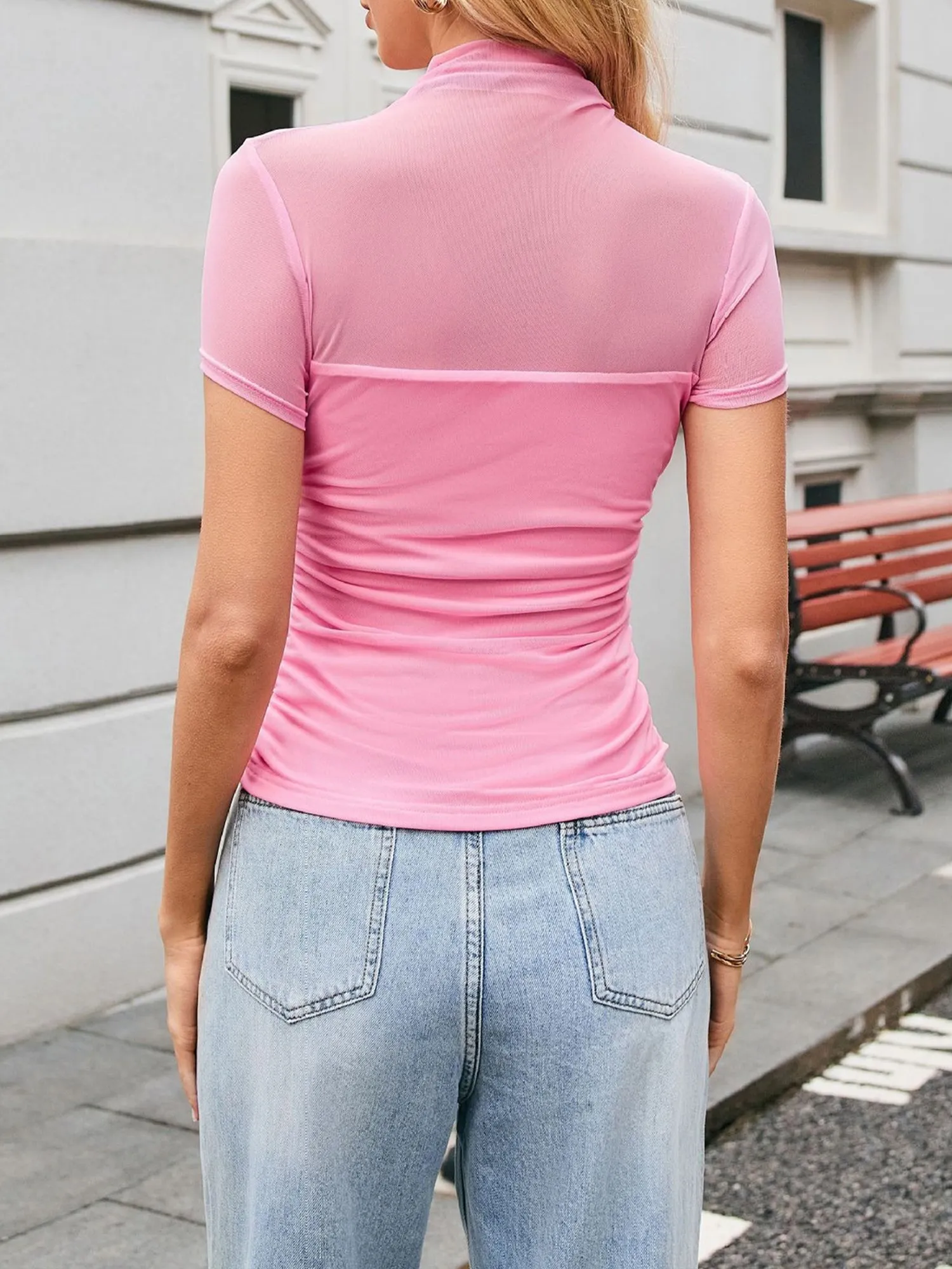 Mock Neck Mesh Sheer Short Sleeves Blouse sold by Allegra K product image thumbnail 2