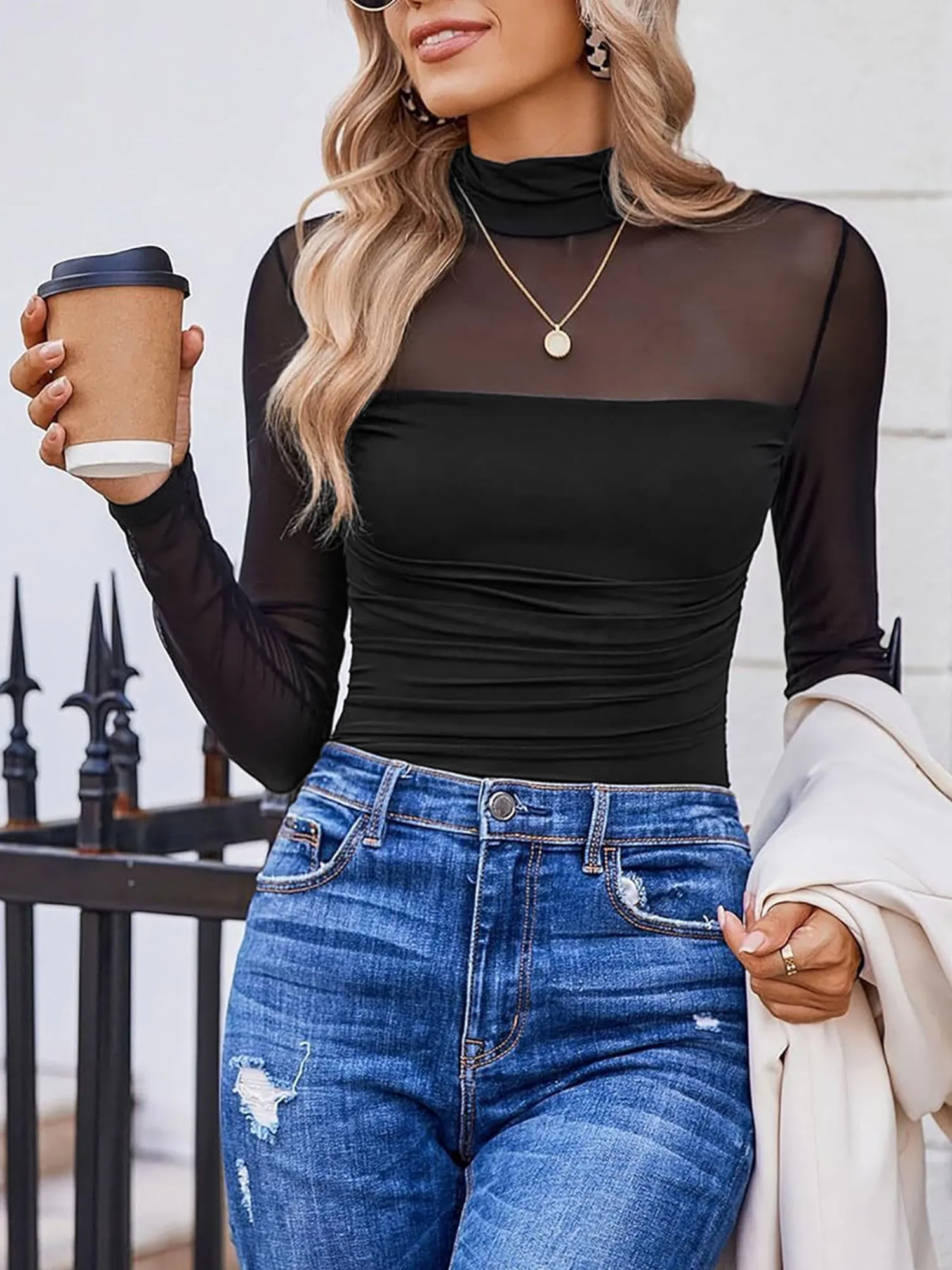 Solid Color Mock Neck Mesh Sheer Long Sleeve Blouse sold by Allegra K product image thumbnail 5