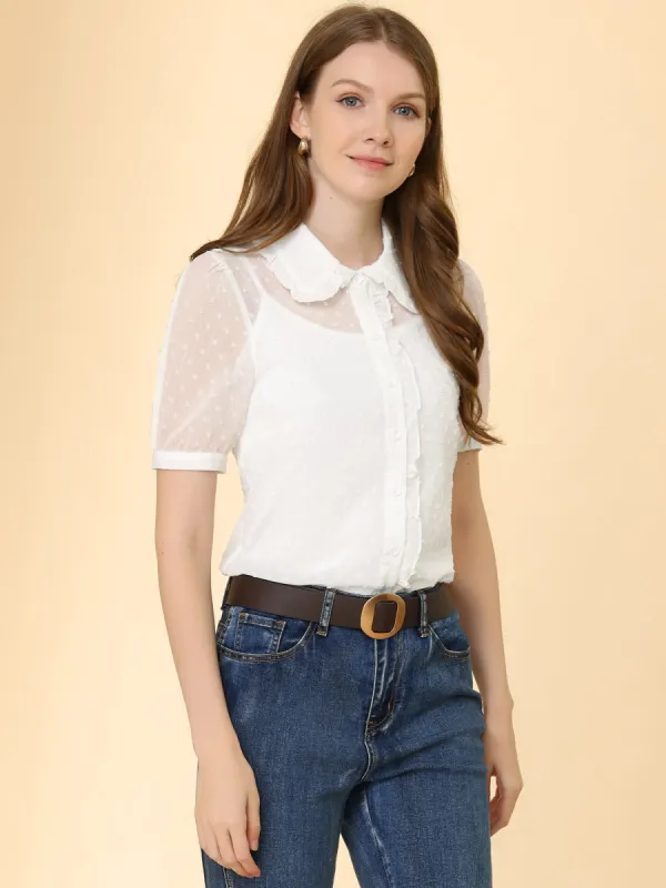 Peter Pan Collar Ruffled See Through Short Sleeve Swiss Dot Top sold by Allegra K