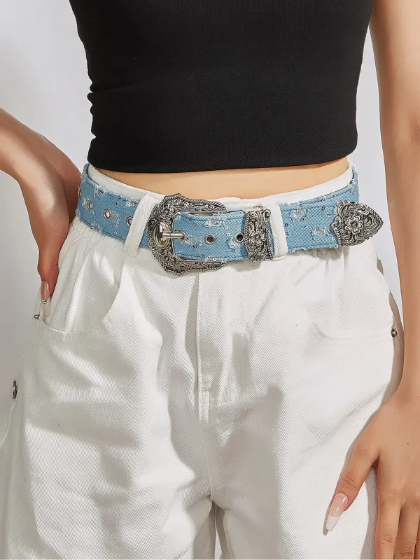 Women's Ripped Design Denim Flower Buckle Belt sold by Allegra K