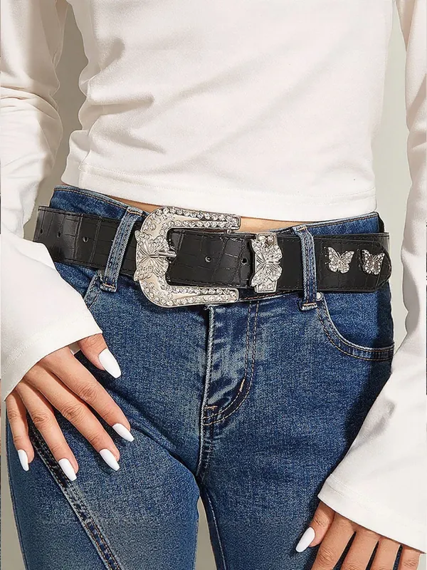 Women's Butterfly Faux Rhinestone PU Leather Buckle Belt sold by Allegra K