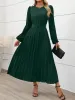 Round Neck Puff Sleeves Belted Pleated Maxi Dress sold by Allegra K