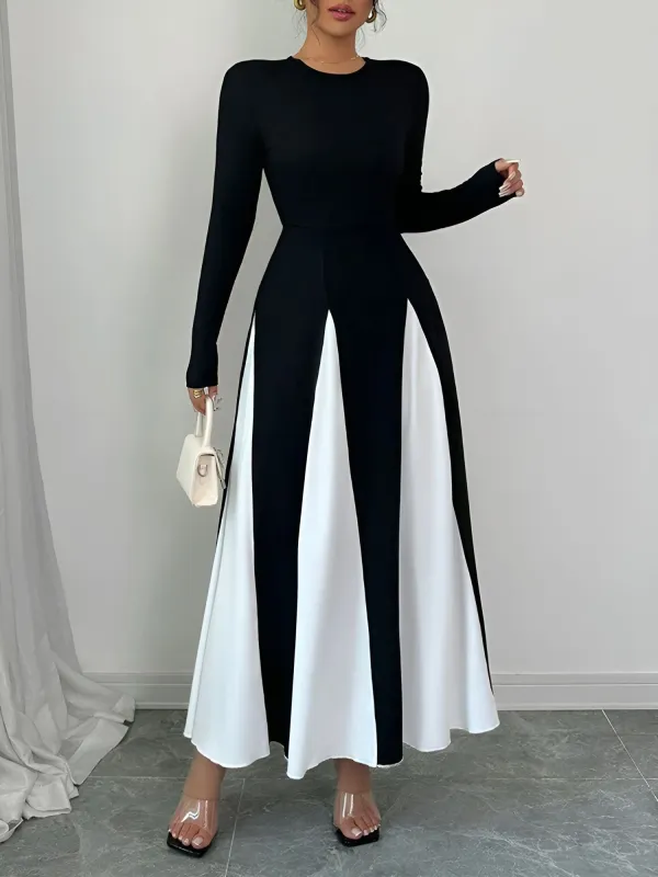 Contrast Color Round Neck Long Sleeve Maxi Dress sold by Allegra K