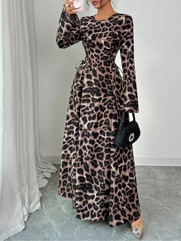 Leopard Print Long Sleeve Lace-Up Maxi Dress sold by Allegra K