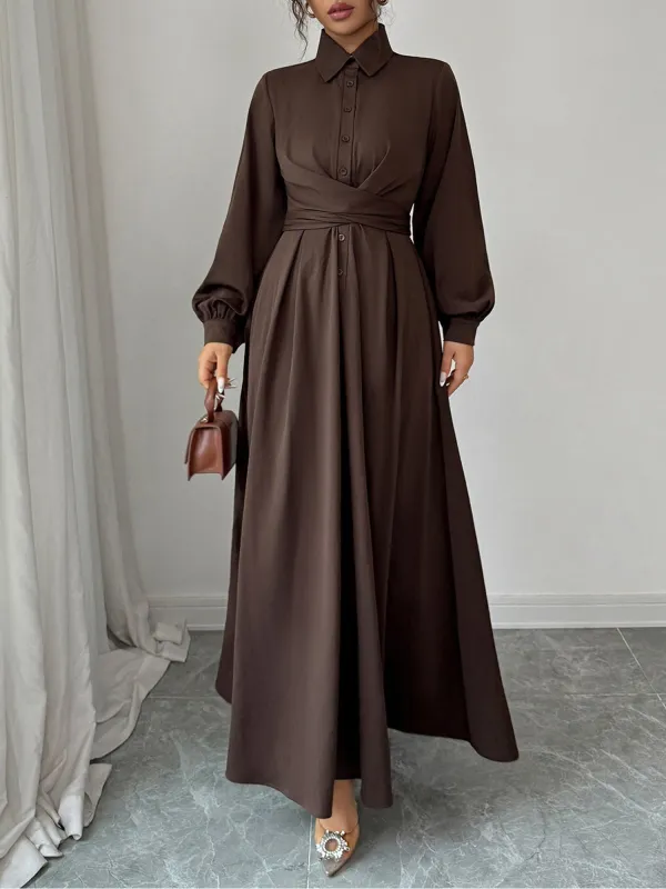 Solid Color Tie Waist Ruched Maxi Shirt Dress sold by Allegra K
