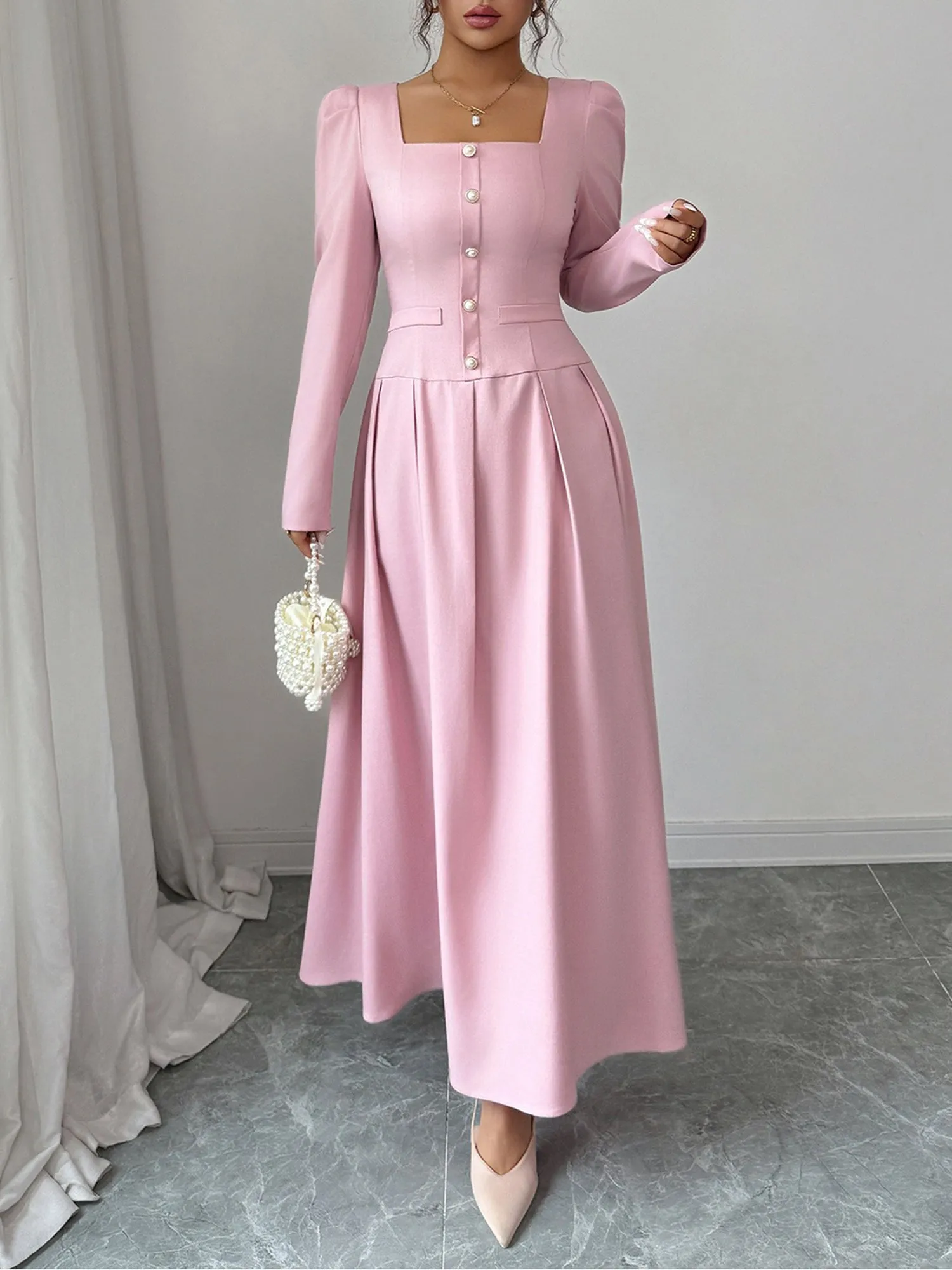 Square Neck Puff Sleeves Pleated A-Line Maxi Dress sold by Allegra K product image thumbnail 3