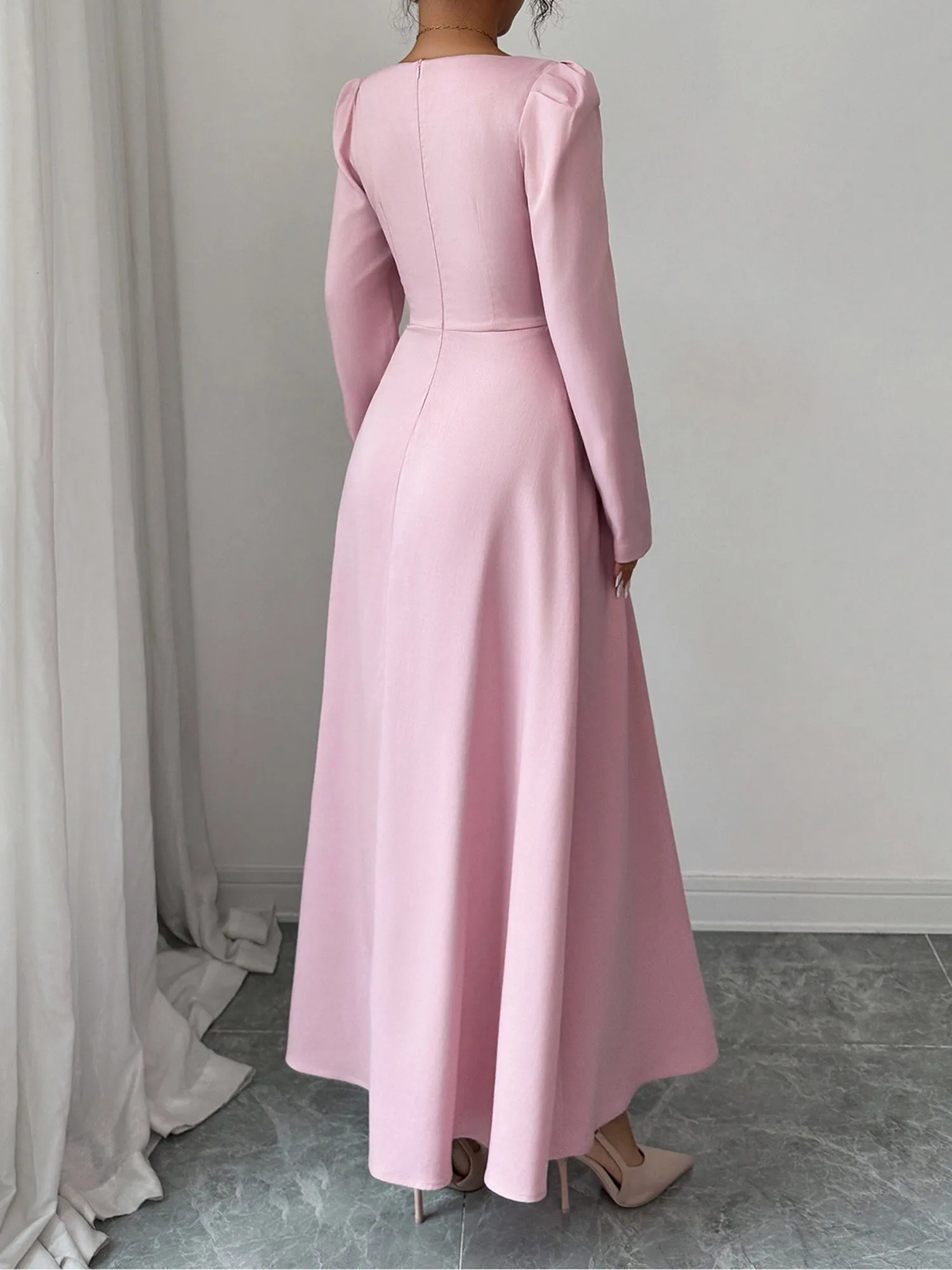 Square Neck Puff Sleeves Pleated A-Line Maxi Dress sold by Allegra K product image thumbnail 2