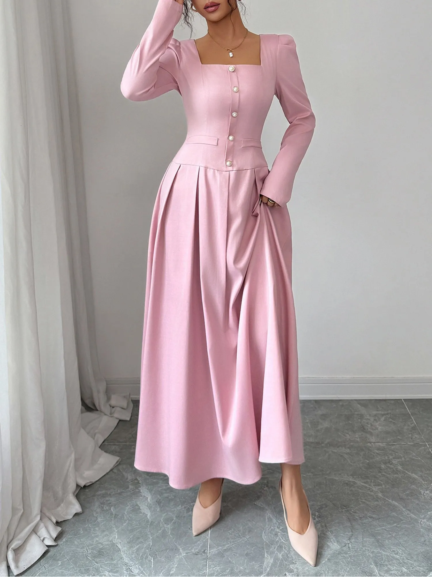 Square Neck Puff Sleeves Pleated A-Line Maxi Dress sold by Allegra K product image thumbnail 4