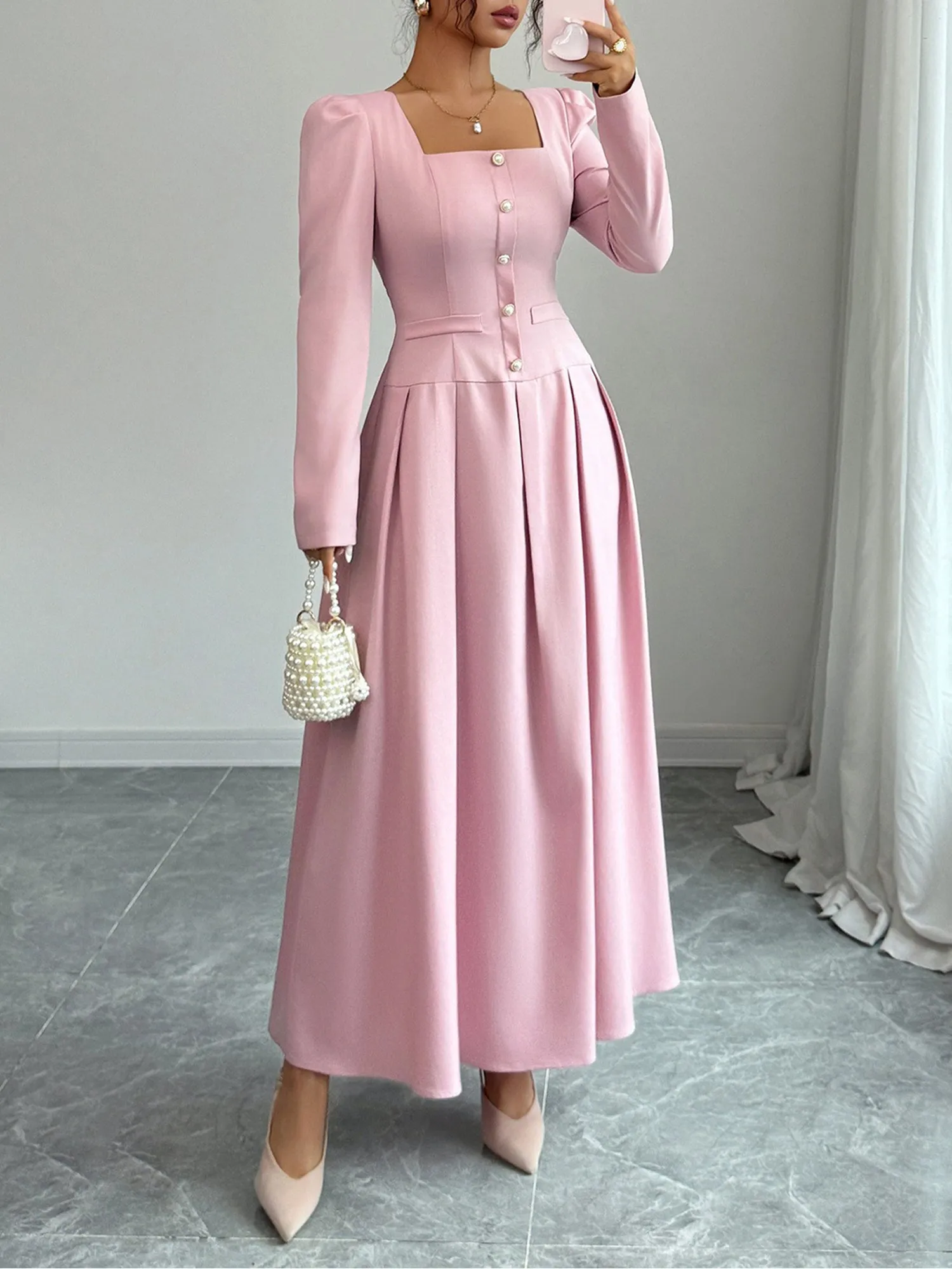 Square Neck Puff Sleeves Pleated A-Line Maxi Dress sold by Allegra K