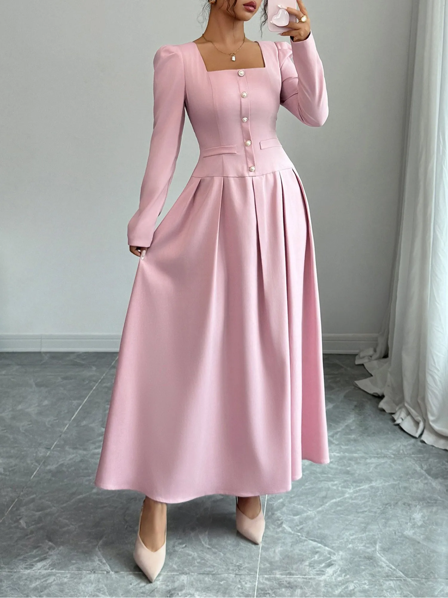 Square Neck Puff Sleeves Pleated A-Line Maxi Dress sold by Allegra K product image thumbnail 5