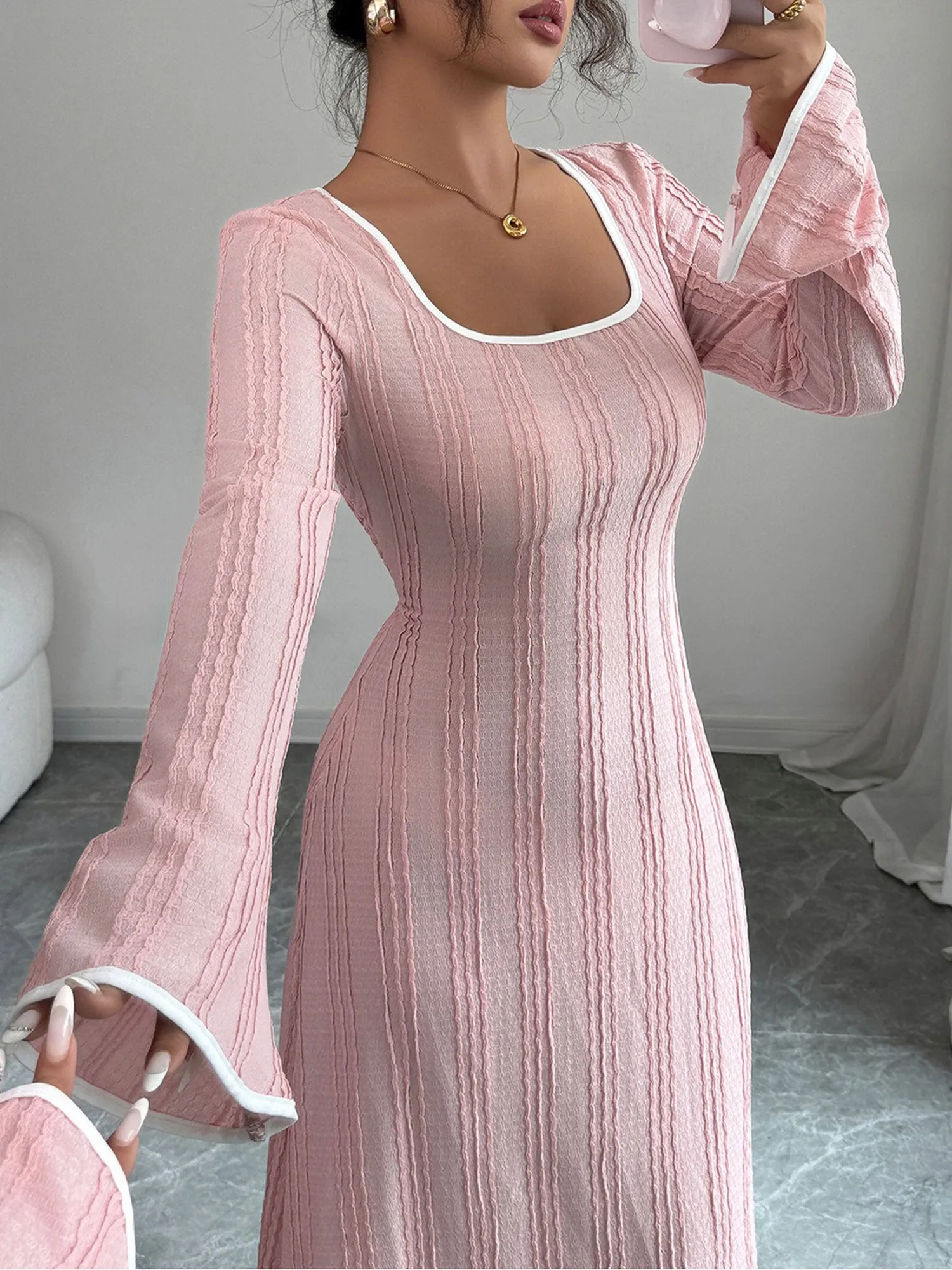Colorblock Square Neck Long Sleeves Textured Dress sold by Allegra K product image thumbnail 5