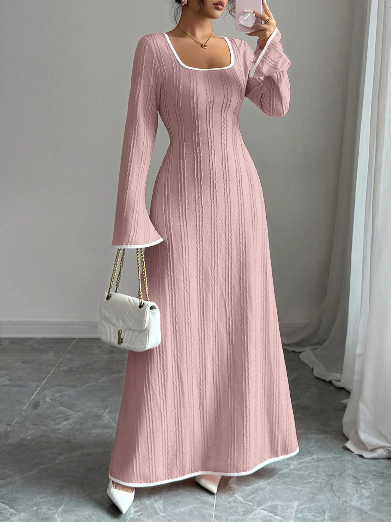 Colorblock Square Neck Long Sleeves Textured Dress sold by Allegra K product image thumbnail 3