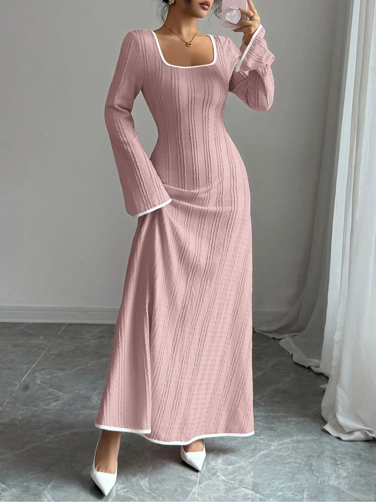 Colorblock Square Neck Long Sleeves Textured Dress sold by Allegra K