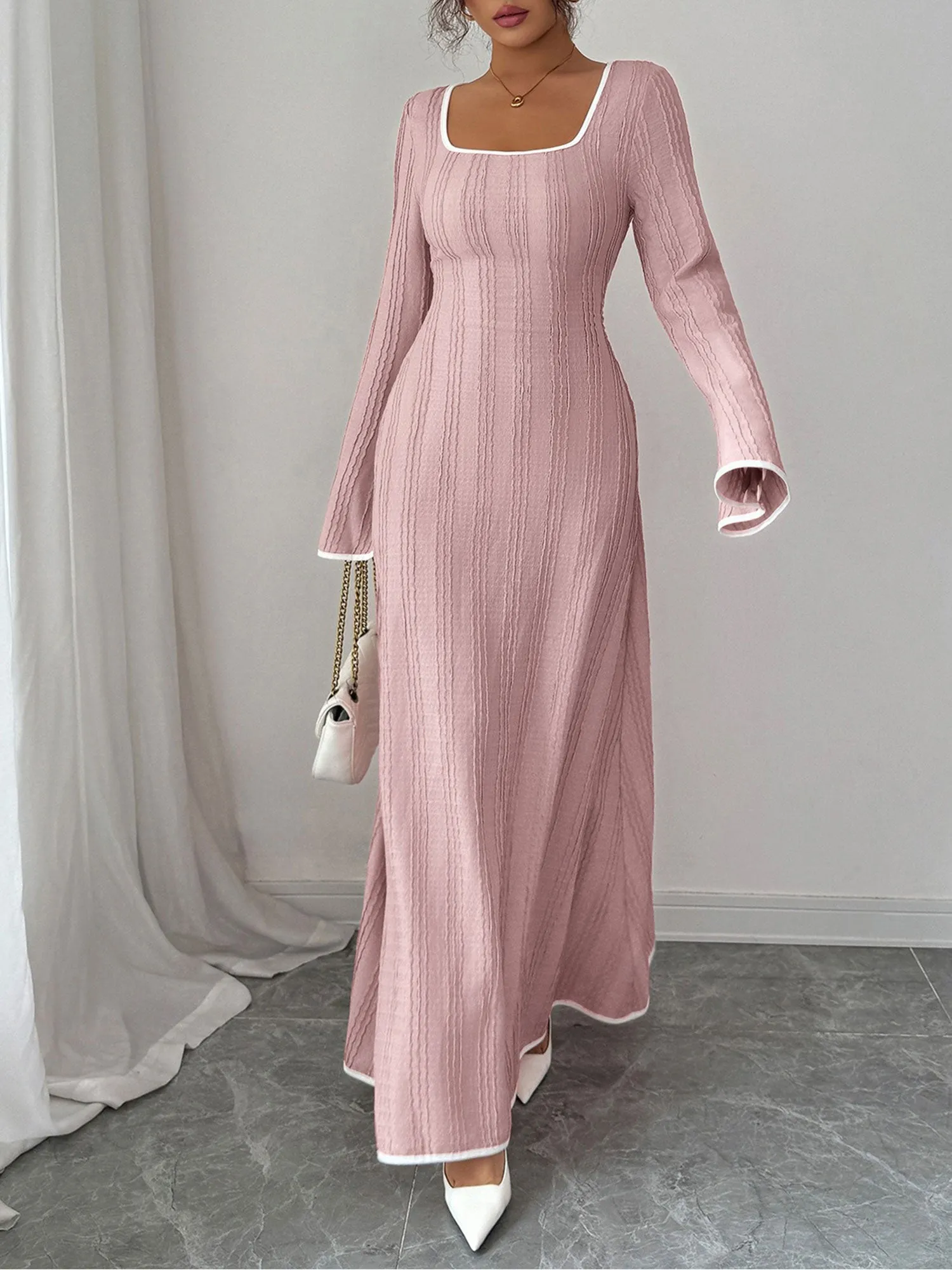 Colorblock Square Neck Long Sleeves Textured Dress sold by Allegra K product image thumbnail 4