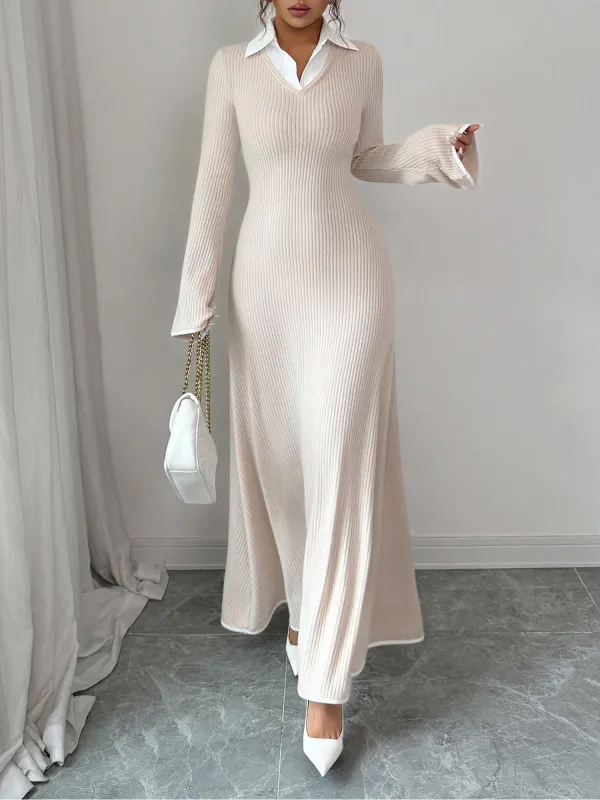 Shirt Collar Knitted Long Sleeve Maxi Sweater Dress sold by Allegra K