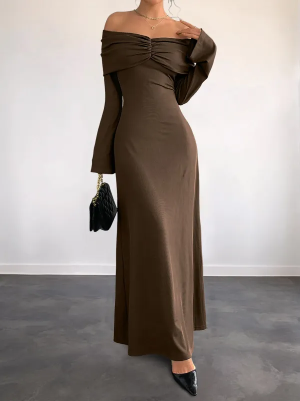Solid Color Ruched Off Shoulder Long Sleeves Maxi Dress sold by Allegra K