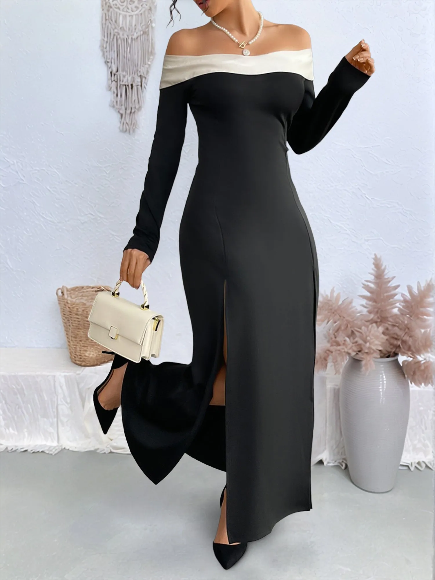 Off Shoulder Colorblock Long Sleeves Slit Maxi Dress sold by Allegra K product image thumbnail 4