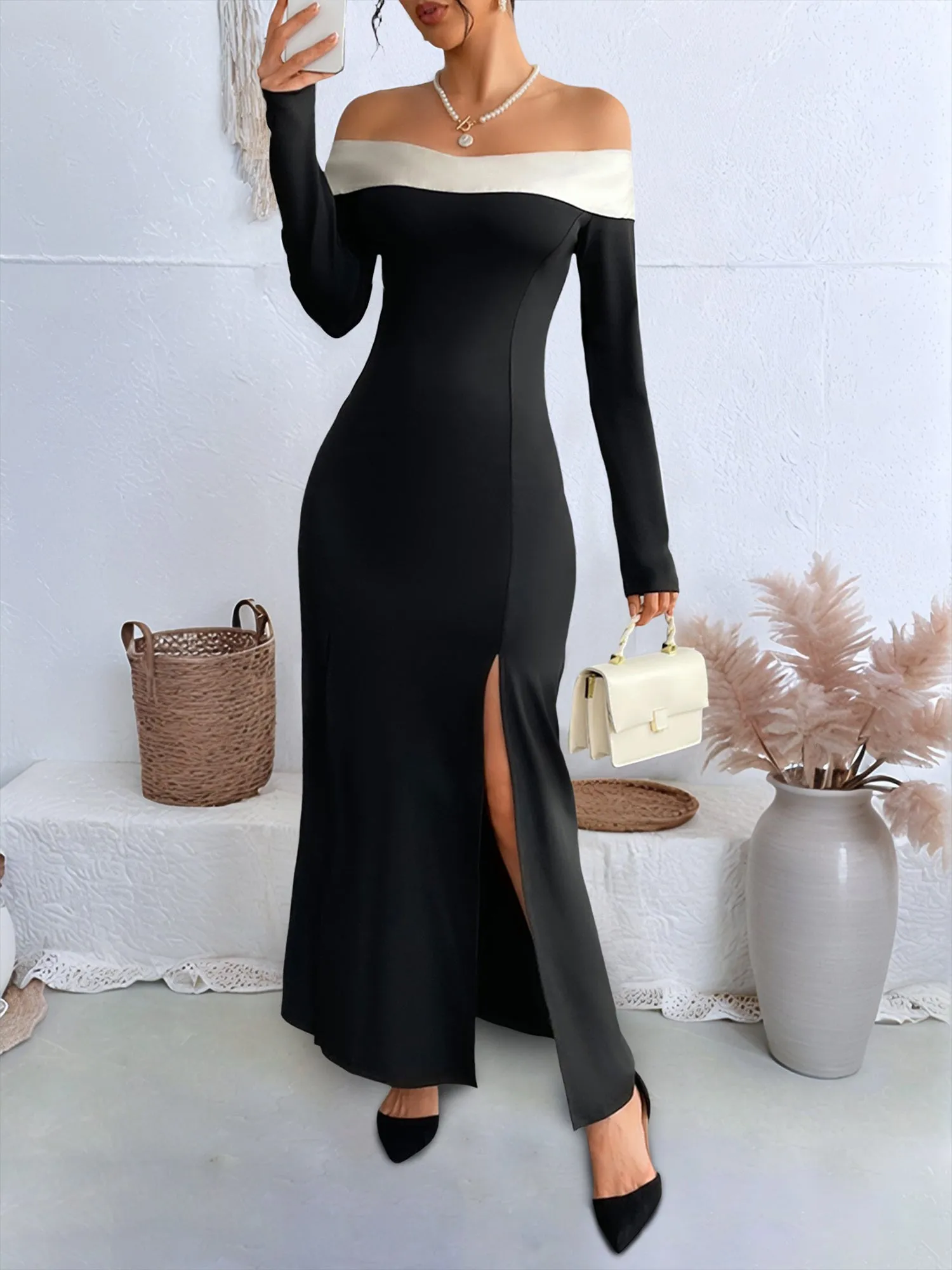 Off Shoulder Colorblock Long Sleeves Slit Maxi Dress sold by Allegra K product image thumbnail 3