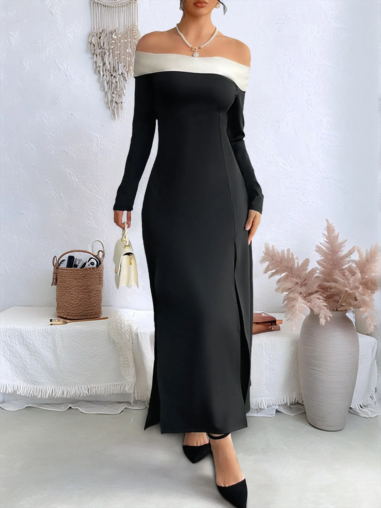 Off Shoulder Colorblock Long Sleeves Slit Maxi Dress sold by Allegra K product image thumbnail 5