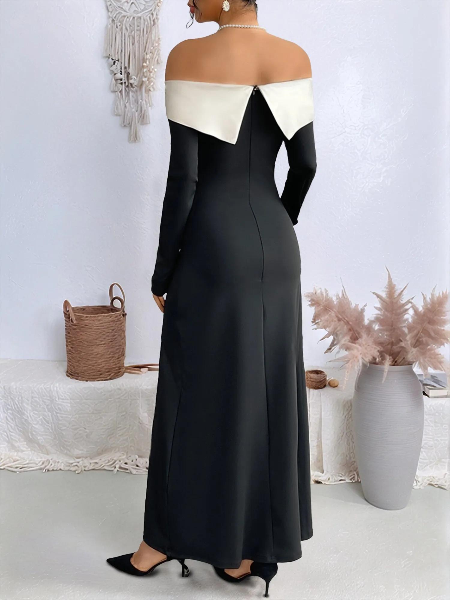 Off Shoulder Colorblock Long Sleeves Slit Maxi Dress sold by Allegra K product image thumbnail 2