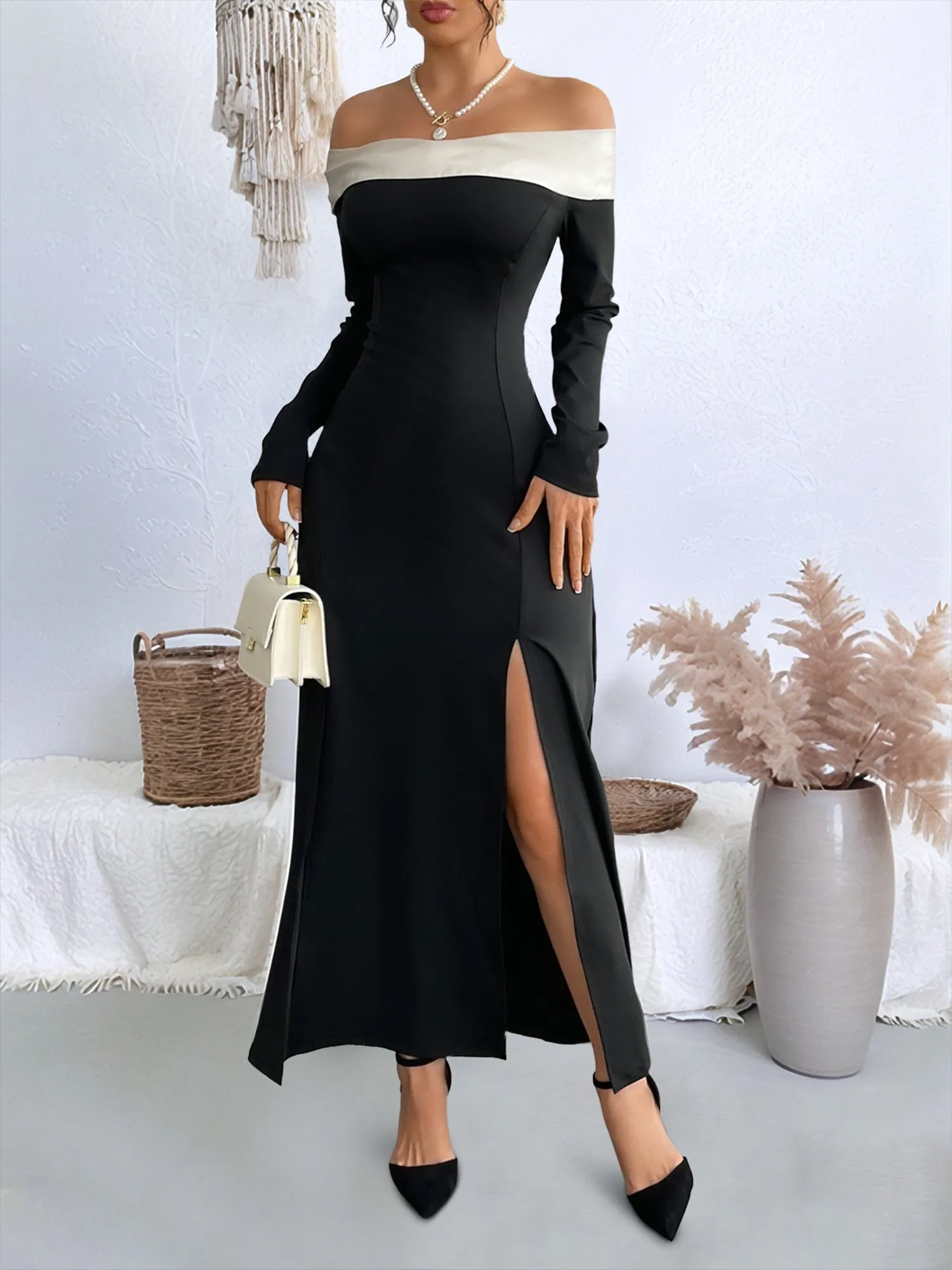 Off Shoulder Colorblock Long Sleeves Slit Maxi Dress sold by Allegra K