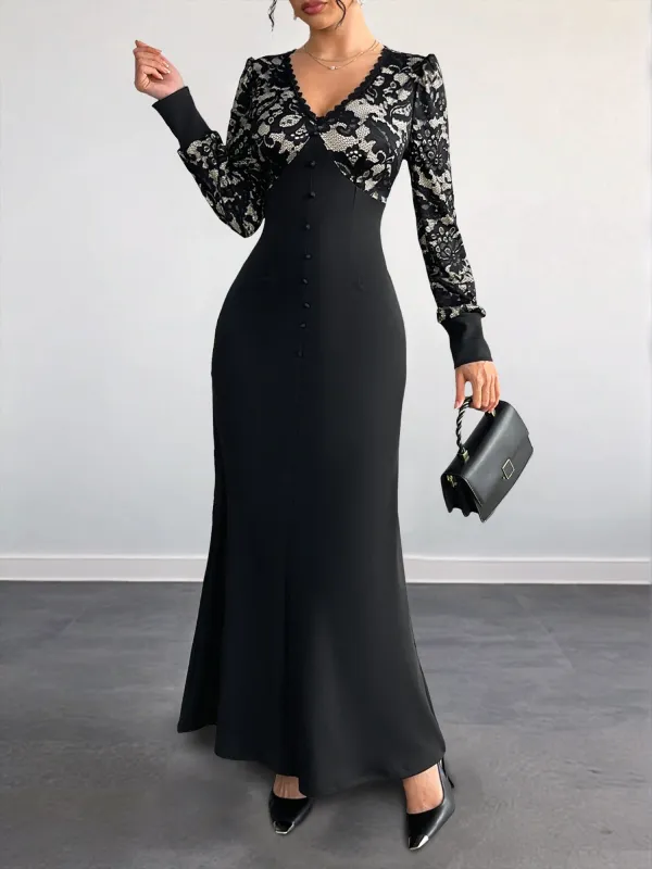 Lace Patchwork V Neck Puff Sleeves Maxi Dress made by Allegra K