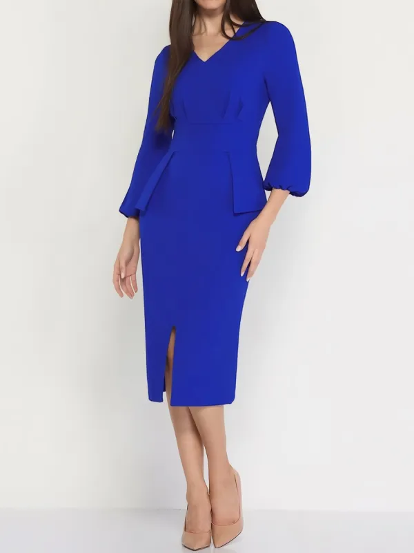 V Neck Puff Sleeve Slit Office Midi Sheath Dress sold by Allegra K