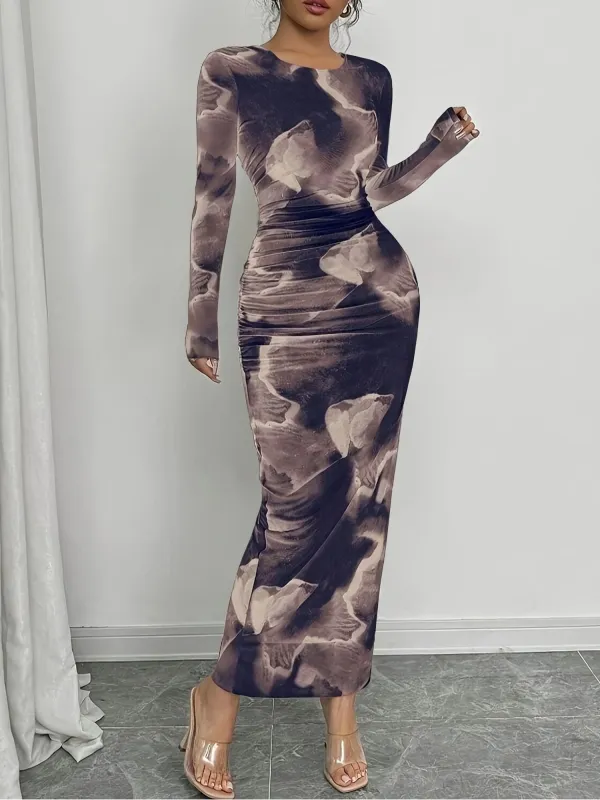 Round Neck Long Sleeves Printed Ruched Bodycon Dress sold by Allegra K
