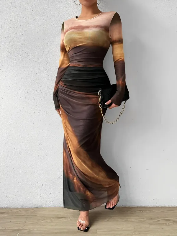 Mesh Contrast Color Ruched Bodycon Maxi Dress sold by Allegra K