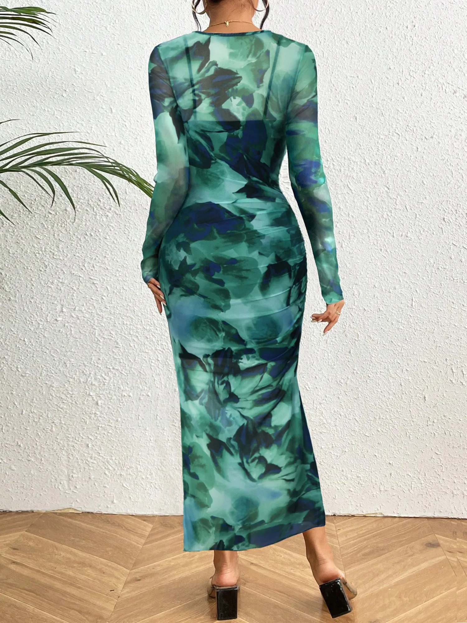 2 Pieces Floral Mesh Ruched Sheer Dress & Spaghetti Strap Lining sold by Allegra K product image thumbnail 2