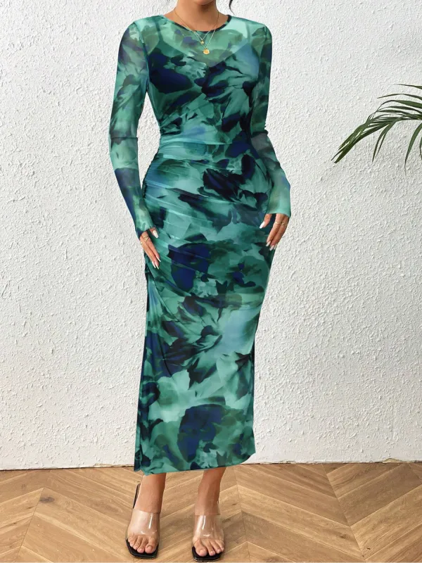 2 Pieces Floral Mesh Ruched Sheer Dress & Spaghetti Strap Lining sold by Allegra K