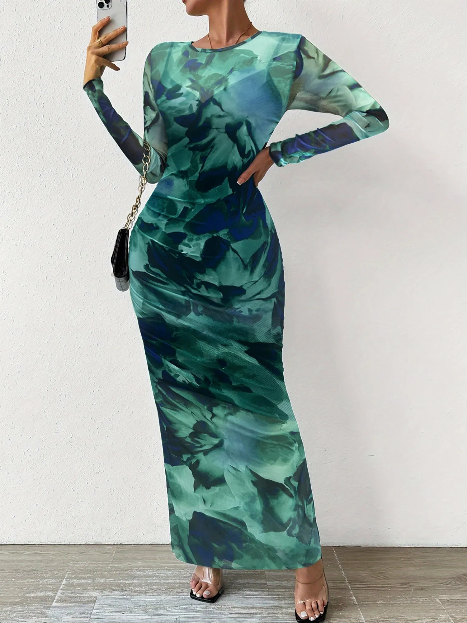 2 Pieces Floral Mesh Ruched Sheer Dress & Spaghetti Strap Lining sold by Allegra K product image thumbnail 4