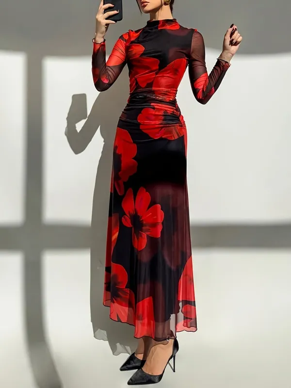 Floral Mesh Mock Neck Long Sleeves Maxi Dress sold by Allegra K