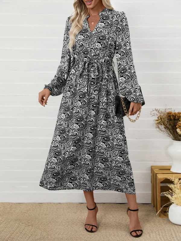 Boho Paisley Print Puff Long Sleeves A-Line Midi Dress sold by Allegra K