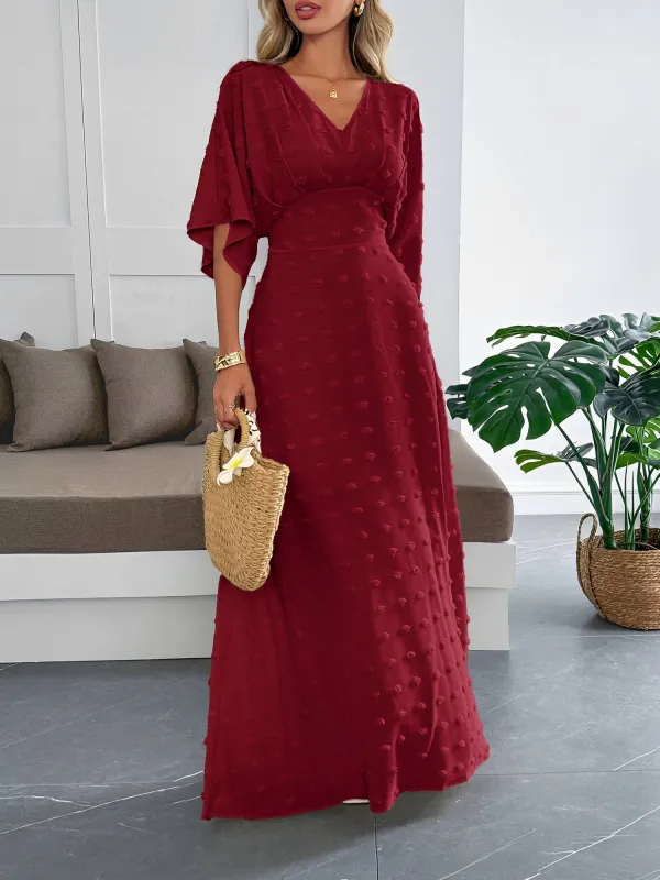 Swiss Dots Textured 3/4 Sleeves A-Line Maxi Dress sold by Allegra K