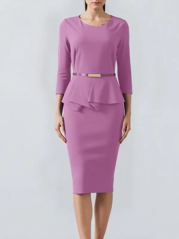 Irregular Neck 3/4 Sleeves Belted Midi Sheath Dress sold by Allegra K