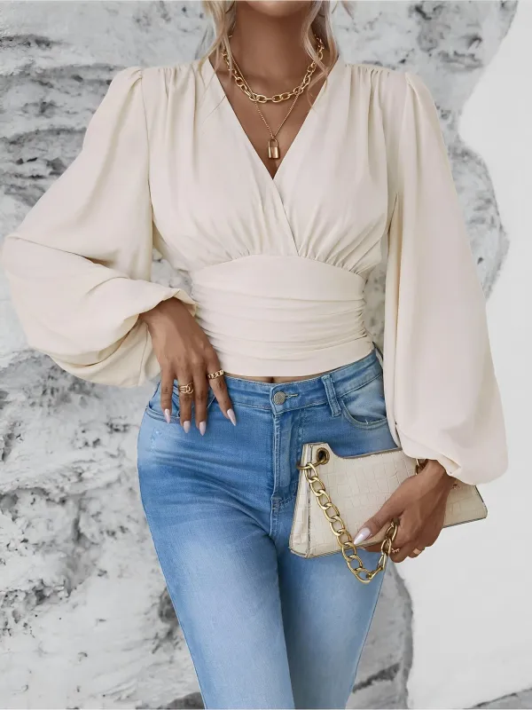 Ruched V Neck Puff Long Sleeves Smocked Casual Blouse sold by Allegra K