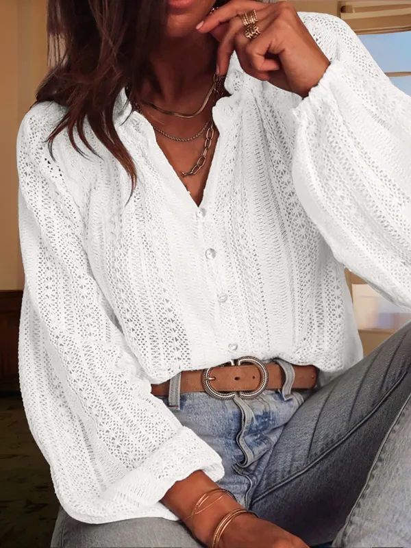 Solid Color Long Sleeves Knitted Sheer Crochet Blouse sold by Allegra K