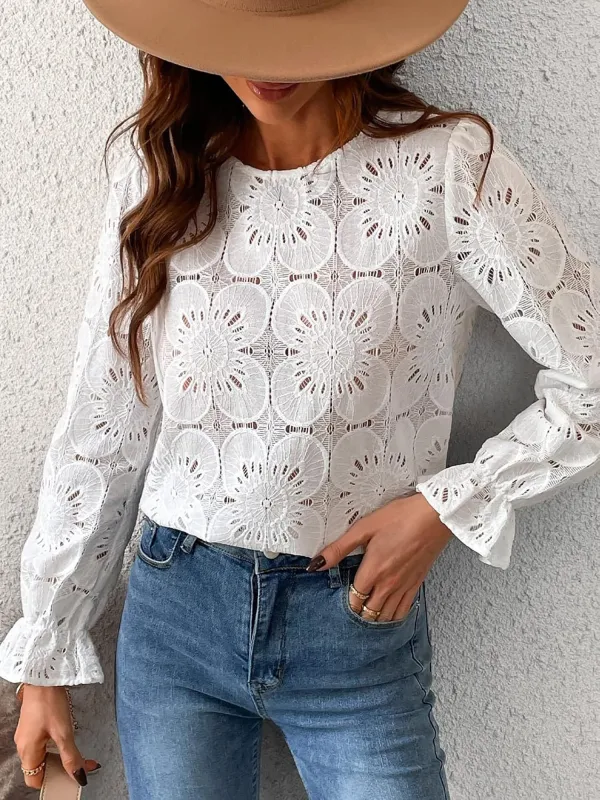 Round Neck Lace Long Sleeves Casual Blouse sold by Allegra K